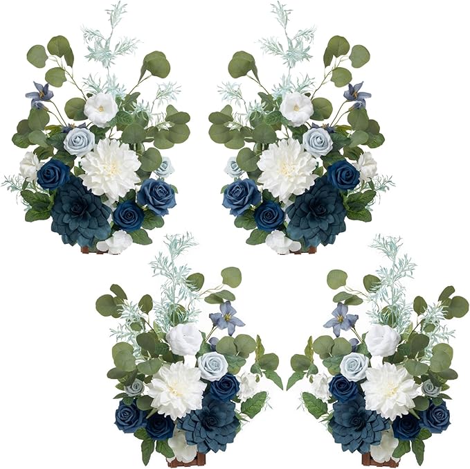 Artificial Flower Arrangements 4 Pack, 17.5 Inch Dusty Blue Navy Wedding Decor