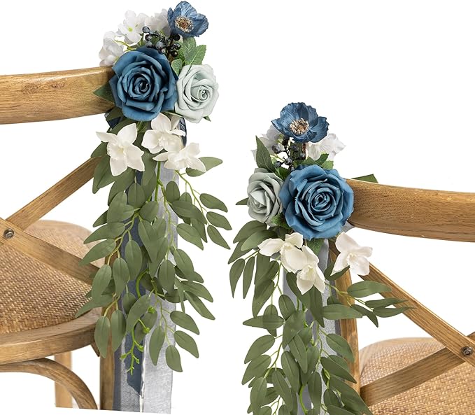 Artificial Flowers for Aisle Pews, 8 Pack in Dusty Blue and Navy