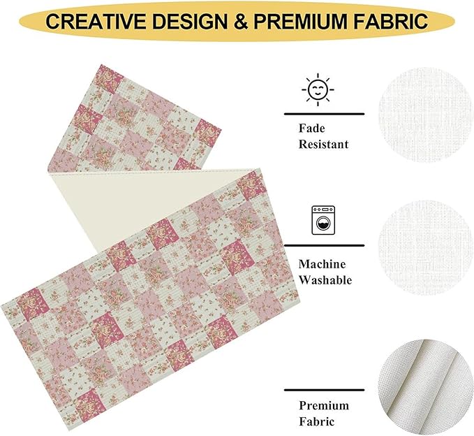 Patchwork Table Runner, Boho Vintage Pink Wildflowers Bohemian Paisley Flower Farmhouse Table Center Decor for Home Kitchen Dining Patio Holiday Party Indoor Outdoor Table Decorations, 13"x108" Inch