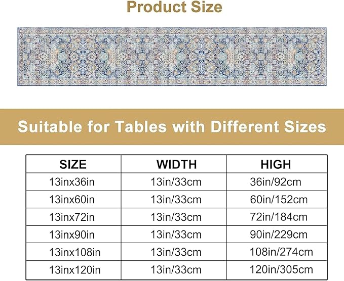 Vintage Boho Floral Table Runner, Rustic Country Farmhouse Blue Yellow Retro Flower Pattern for Home Kitchen Table Decor Dining Coffee Room Party Decor 13x90in