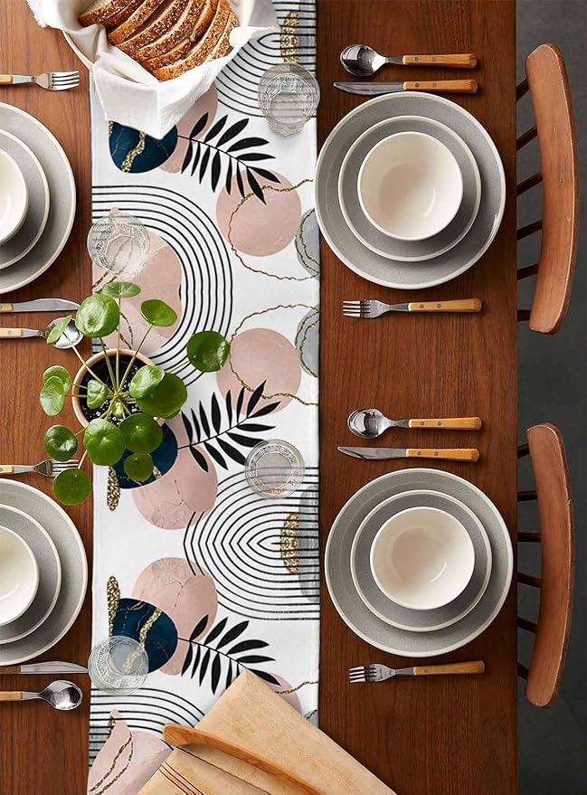 Modern Boho Cotton Linen Table Runner for Dining Kitchen, Wedding Outdoor Party Tablerunners Decoration, Abstract Bohemian Tropical Palm Leaf Dresser Scarf Coffee Tablecloth Runners 13x48 Inches