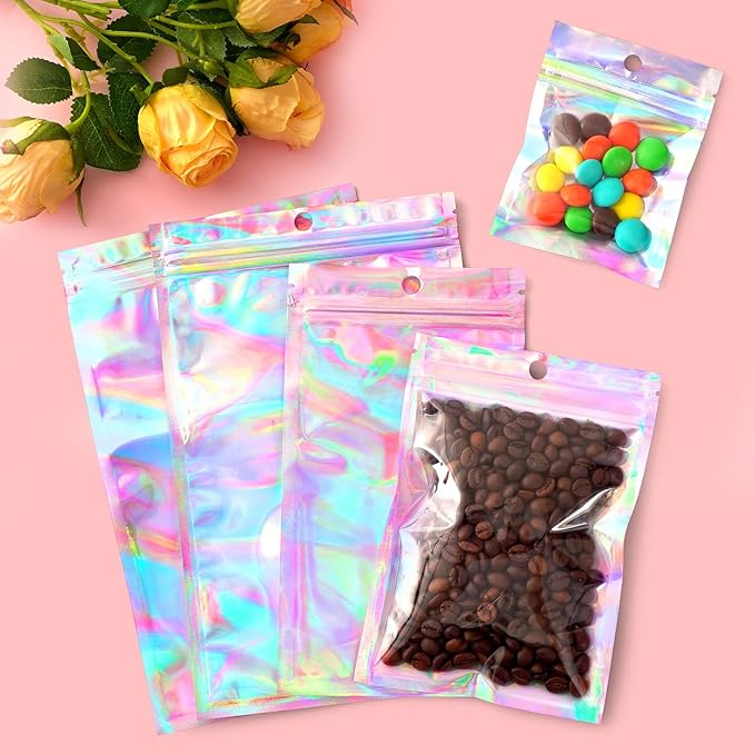 Funfery 100 pcs Mylar Holographic Bags Clear Resealable Baggies,Foil Baggy with Zipper,Seal Pouch Smell Proof Packaging Bags for Food Storage,Candy,Party Favor Sample Business Supplies(5.5x7.9in)