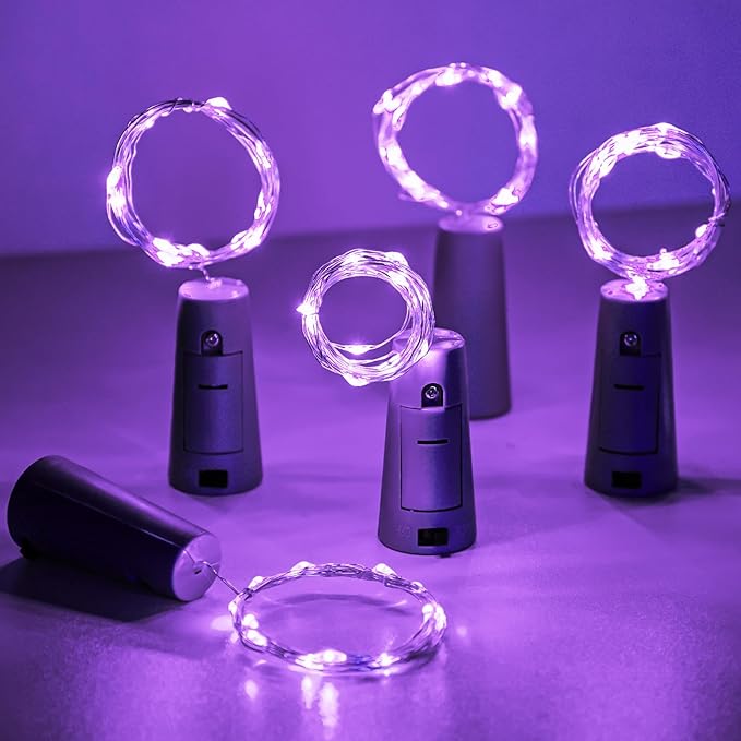 Aluan Wine Bottle Lights with Cork 10 Pack 20 LED Waterproof Halloween Fairy Light Battery Operated, Mini LED Cork Lights for Liquor Bottles Wedding Table Decor Party Jar Bar Table Decoration, Purple