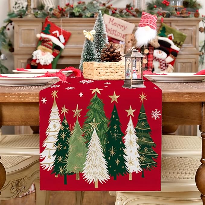 GEEORY Christmas Table Runner 13x36 Inch, Xmas Trees Snowflakes Holiday Decorative Farmhouse Table Decoration for Kitchen Dinning, Indoor Outdoor Dinner Party Decor (Red) GT150-36