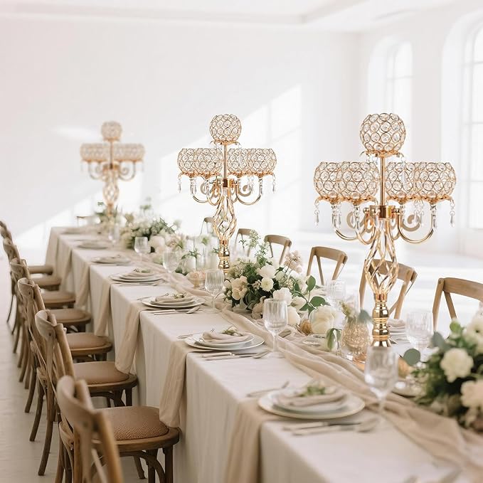 Candlestick Holders Gold Crystal Candelabra, 5-Arm 23.6-Inch Centerpiece