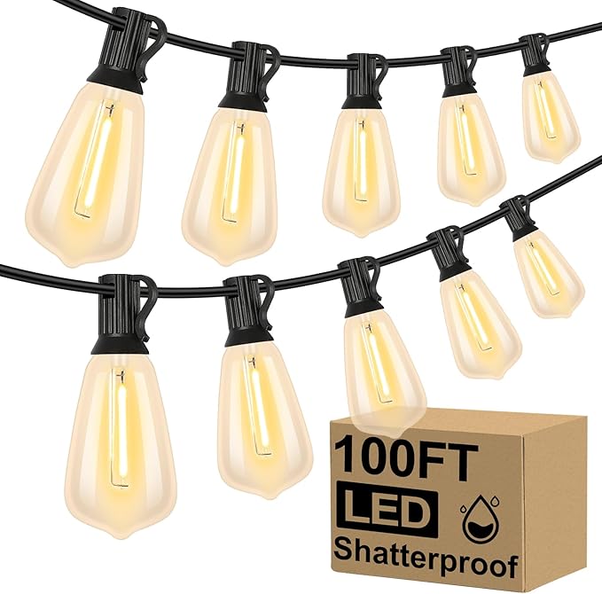 String Lights 100FT Outdoor with 52 Edison Bulbs, Black Wire