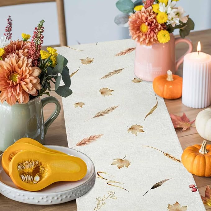 Fall Thanksgiving Cotton Linen Table Runner for Dining Kitchen, Orange Pumpkins Outdoor Party Autumn Tablerunners Decoration, Rustic Wheat Leaves Dresser Scarf Coffee Tablecloth Runners 13x72 Inches