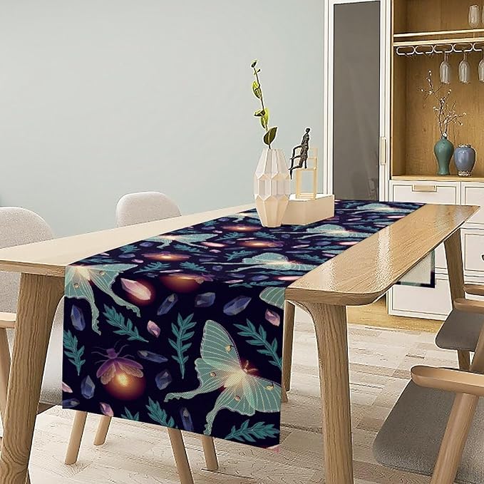 Moth Table Runner, Retro Boho Aesthetic Blue Moth Magic Table Runner for Home Kitchen Dining Party Indoor Outdoor Decoration 13x60 Inch