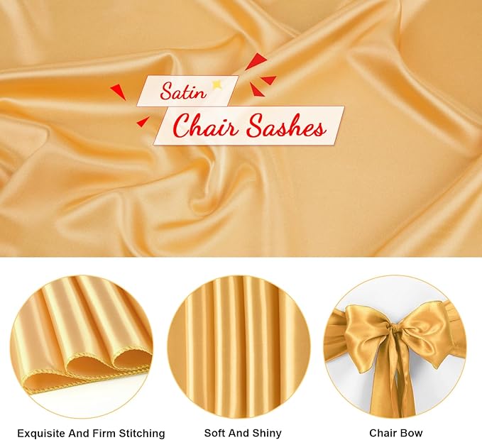 50 PCS Gold Satin Chair Sashes Bows Universal Chair Ribbon Ties Back Sash for Wedding Party Reception Events Banquets Hotel Event Chair Cover Decoration (7x108 inch)