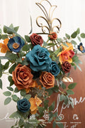 Artificial Floral Swag Pair, Teal and Orange Silk Flowers, Rustic Wedding Decor