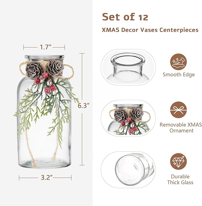 Set of 12 Xmas Decor Vases Christmas Centerpieces for Tables Farmhouse Holiday Table Decor Clear Glass Vases with Twine Ties for Christmas Decorations