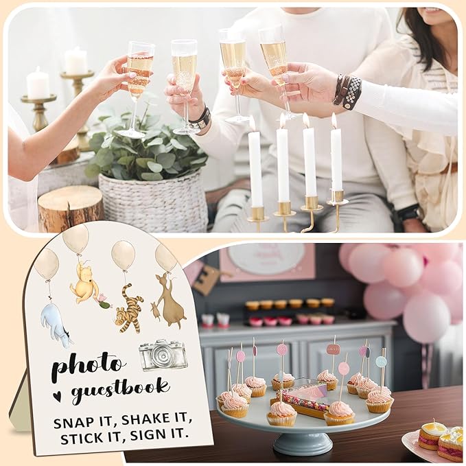 Winnie Wedding Photo Guestbook Sign with Stand, the Pooh Decor Wedding Welcome Sign, Bridal Shower Sign, Baby Shower Party Supplies, Wedding Shower Supplies, Photo Guestbook Wooden Plaque 8 * 10In