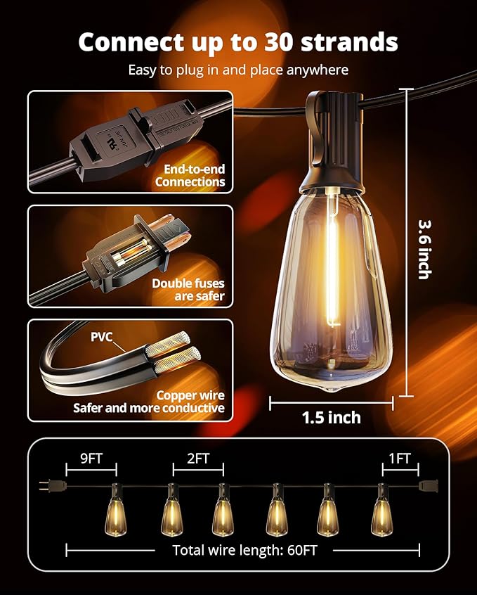 String Lights 60 ft Warm White 26-Bulb Patio Set, Shatterproof