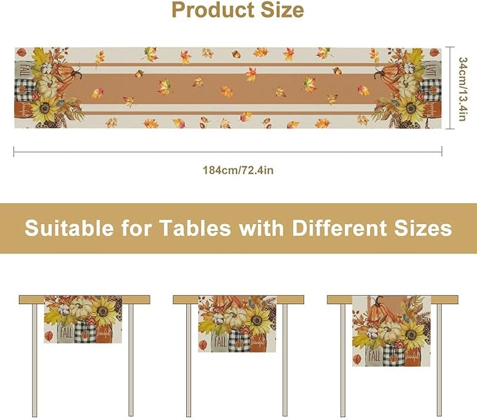 Autumn Table Runner,Thanksgiving Fall Pumpkin Leaves Floral Table Cloth for Kitchen Dining Table Decoration Home Party Decor 13x60 Inch