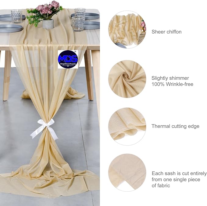 MDS 25 Pack 10ft Chiffon Table Runner 29 x 120 Inches Sheer Wedding Runner Romantic Rustic Table Runner for Wedding Decorations, Birthday Parties, Bridal Shower Party Arch Decor - Champagne Gold