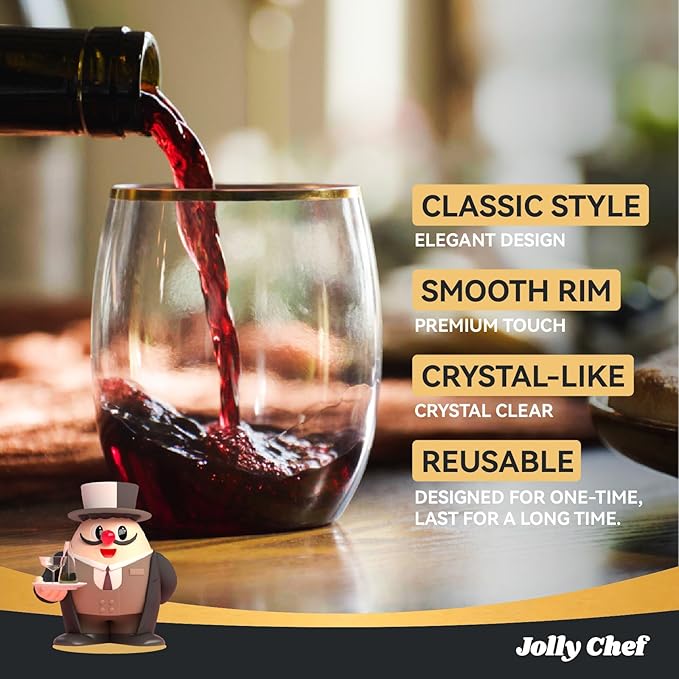 JOLLY CHEF 12 Pack 12oz Gold Plastic Wine Glasses Stemless, Gold Disposable Wine Cups, Premium Quality, Recyclable, Unbreakable, Crystal and BPA-Free for Party