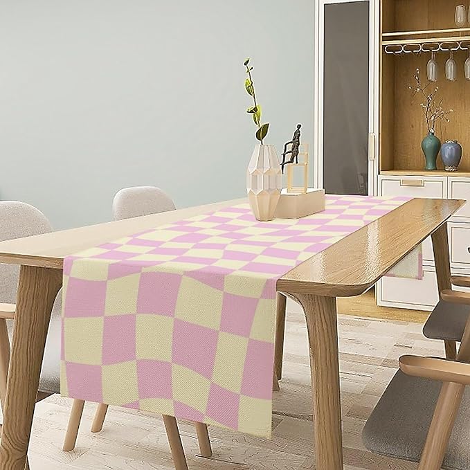 Hippie Table Runner Retro Geometric Square Purple Grid 60s70s Style Kitchen Restaurant Decoration for Indoor and Outdoor Wedding Party Table Runner 13x60 Inch