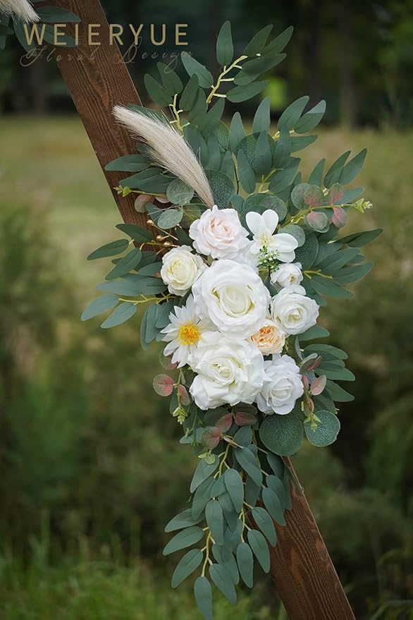 Artificial Wedding Arch Flower Swags, 2-Pack, Cream Champagne Silk Rose Decor