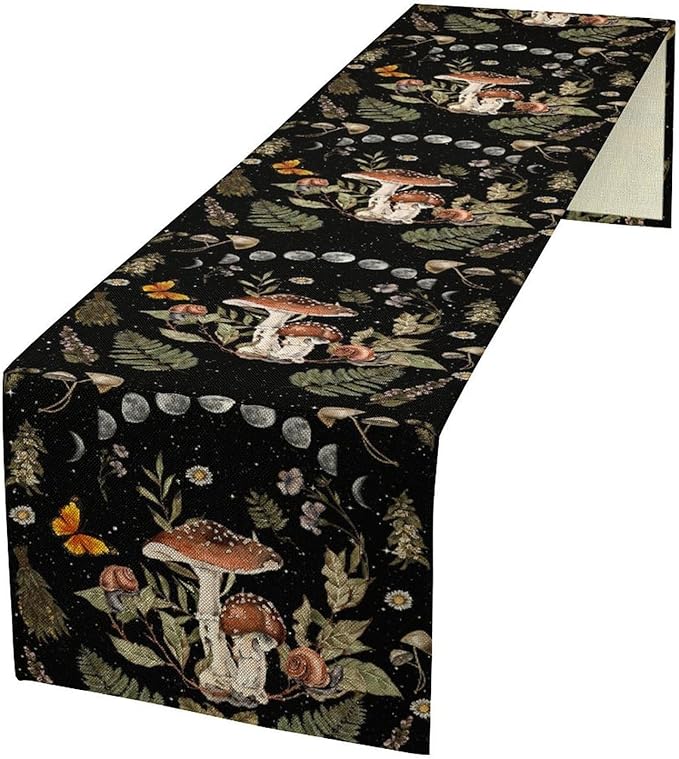 Mushroom Kitchen Table Runner, Boho Vintage Wild Flower Gothic Witchy Moonlit Forest Plant Table Runner for Bedroom Living Room Kitchen Dinner Table, 13x60 Inch