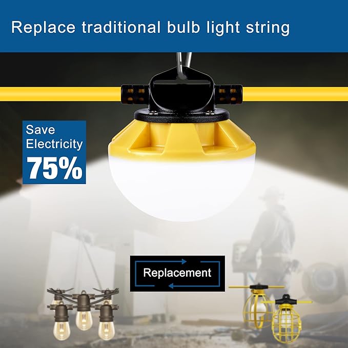 String Lights 50 Ft LED Construction Work Lights, IP65 Waterproof