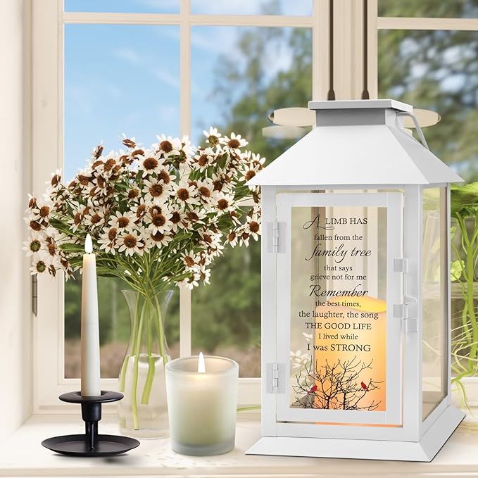 Decorative Candle Lantern, White Metal and Glass, 14.2 Inch, Remote Control