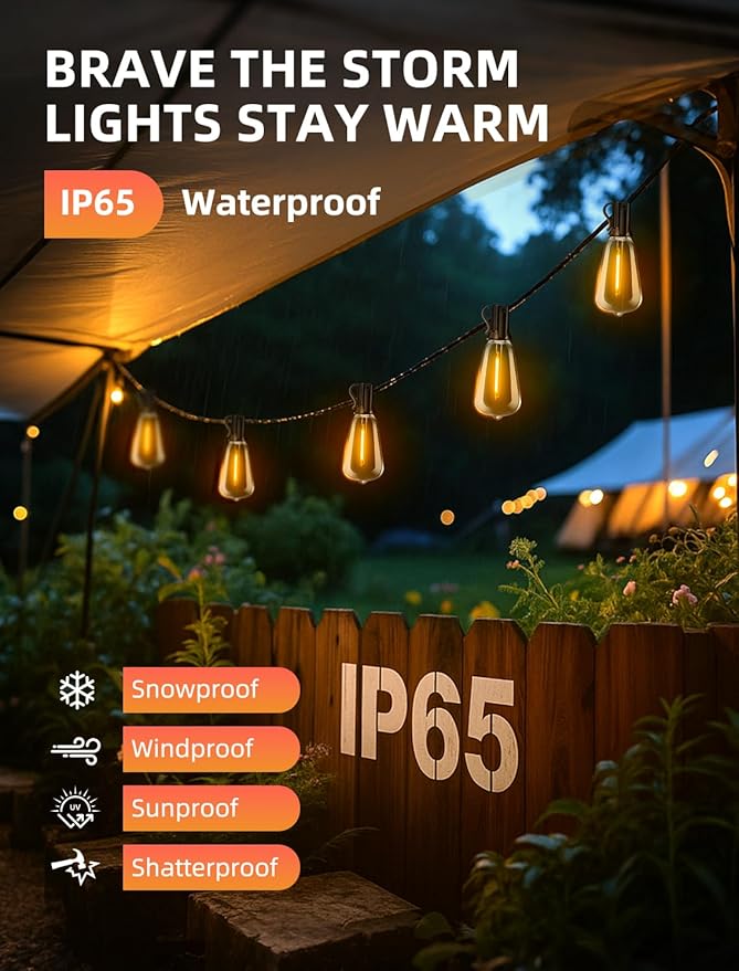 String Lights 50 Ft Outdoor Patio Edison Bulbs with Remote