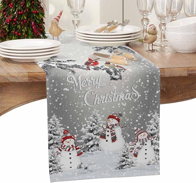 Christmas Snowman Cotton Linen Table Runner for Dining Kitchen, Snowflakes Xmas Pine Tree Wedding Outdoor Party Tablerunner Decoration Winter Bird Dresser Scarf Coffee Tablecloth Runners 13x120 Inches