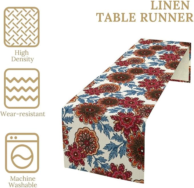 Mandala Flower Table Runner, Vintage Oriental Exotic Native Red Floral Blue Branch Leaves Botanical Print Table Runner for Farmhouse Kitchen Dining Table Decor, 13x70inch