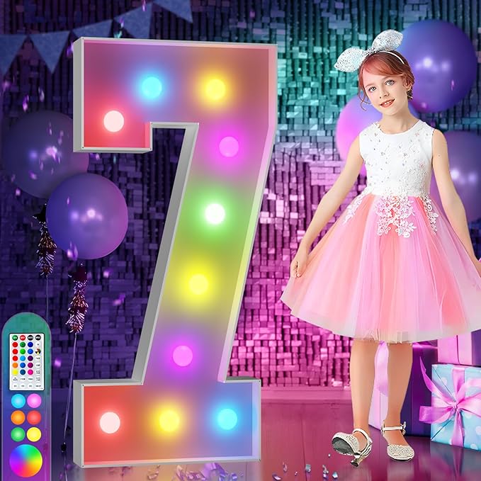 Marquee Number 7 Party Decoration, 4 FT Light Up Sign with Remote