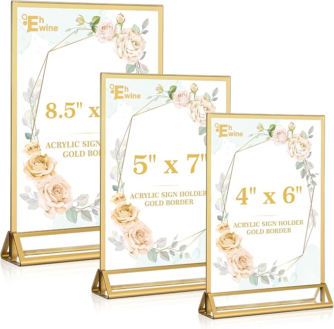 EHWINE 4 Pack Acrylic Sign Holder 8.5 x 11, Double Sided Gold Picture Frame Stand up Table Top Sign Holders, Clear Display Stand Menu Flyer Holder for Wedding Party (Provide Non-slip Mats)