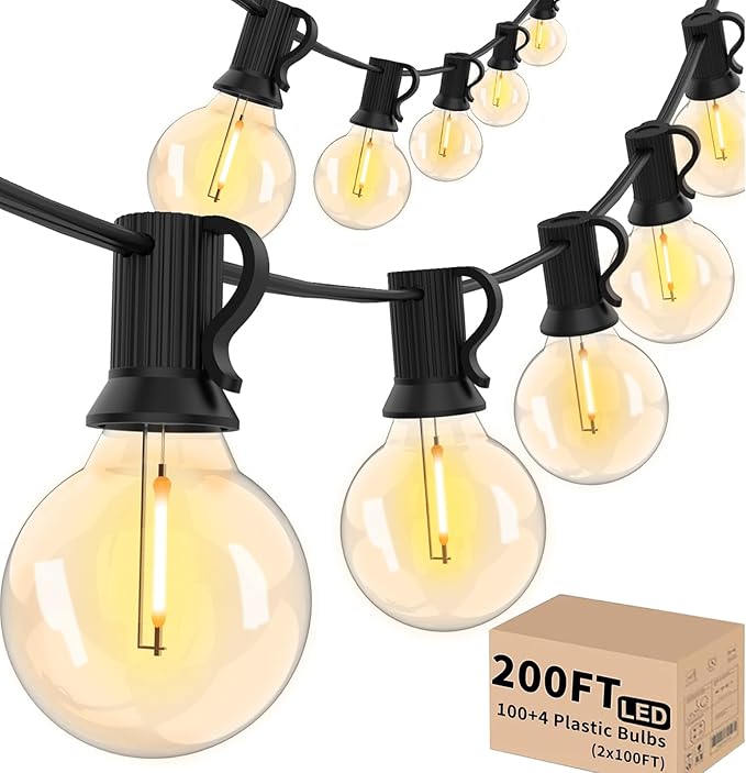 String Lights, Black G40 Globe Patio Lights in Warm White, 2-Pack of 100 FT