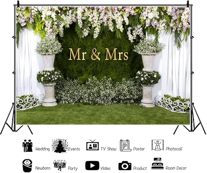 Wedding Arch Flower Backdrop 12x8ft - Mr & Mrs Engagement & Anniversary Ceremony Background