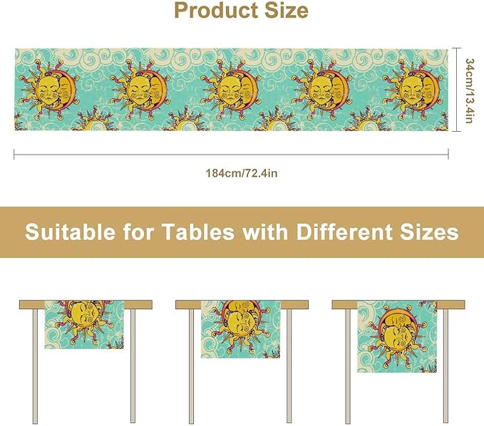 Retro Sun Moon Table Runner, Phase of The Moon Vintage Cloud Table Runner for Kitchen Dinner Living Room Table Runner Yellow Floral, 13x60 Inch Yellow Blue
