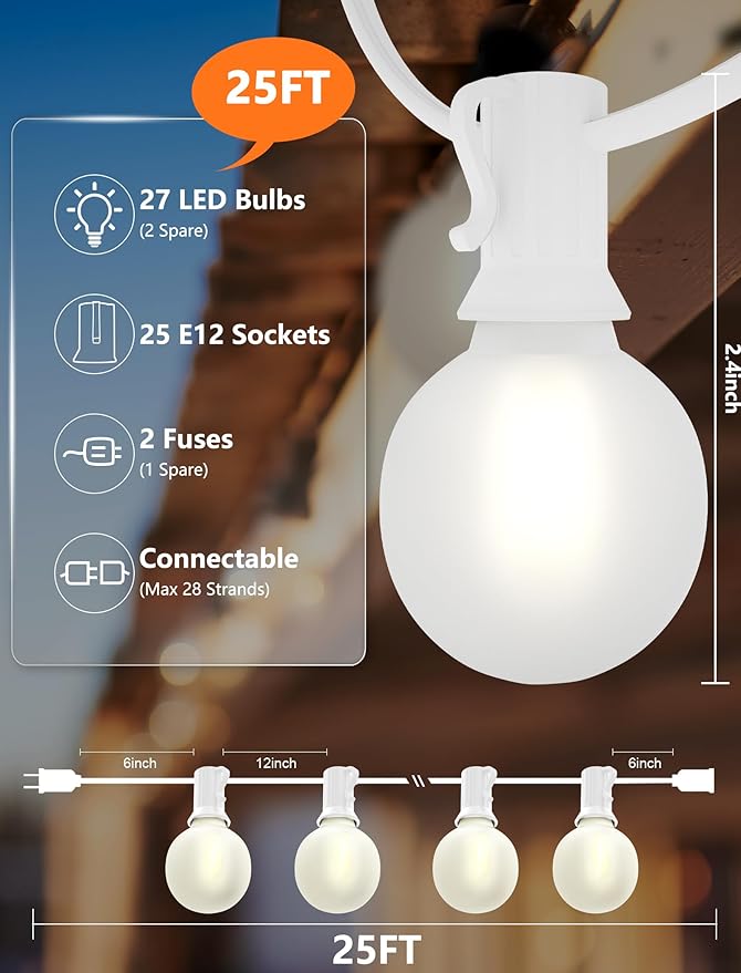String Lights, 25 ft G40 LED Outdoor Patio Lights with 27 Frosted White Bulbs