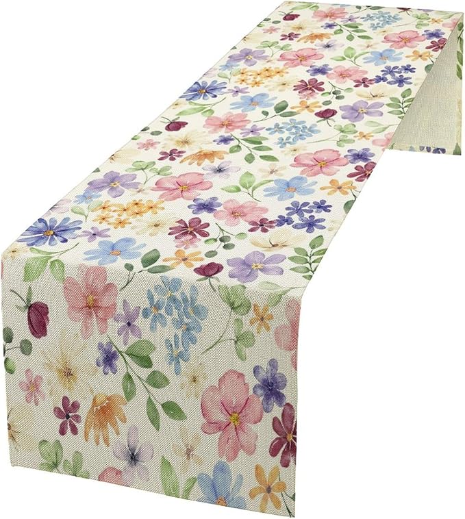 Floral Decorative Table Runner, Watercolor Floral Botanical Rustic Modern Style Pattern Printed Long Table Runner for Restaurant Kitchen Party,13in（33cm） W * 60in（152cm） L