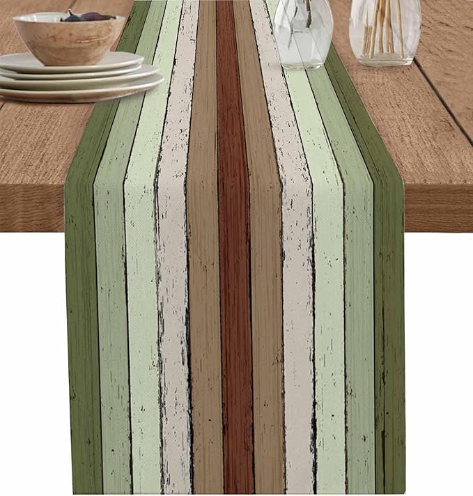 Sage Green Wooden Cotton Linen Table Runner for Dining Kitchen, Wedding Outdoor Party Tablerunners Decoration, Vintage Country Retro Distressed Grain Dresser Scarf Coffee Tablecloth Runners 13''x90''