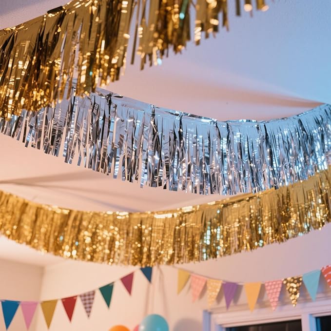 4 Pack Gold Total 40 Feet Foil Fringe Garland Metallic Tinsel Banner Wall Hanging Drapes Parade Float Skirting Decorations for Trailer Mardi Gras Party Birthday Wedding Baby Shower