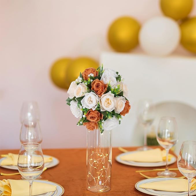 BLOSMON Flower Balls Wedding Centerpieces: 10 Pcs Terracotta Fake Rose Kissing Balls Table Decor - Fall Artificial Silk Bouquet with Base Floral Arrangements Home Party Room DIY Decorations