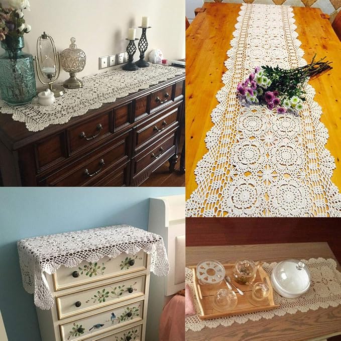 KEPSWET Cotton Handmade Crochet Lace Table Runner Olive Green Rectangle Coffee Table Dresser Decor (14x36 inch)