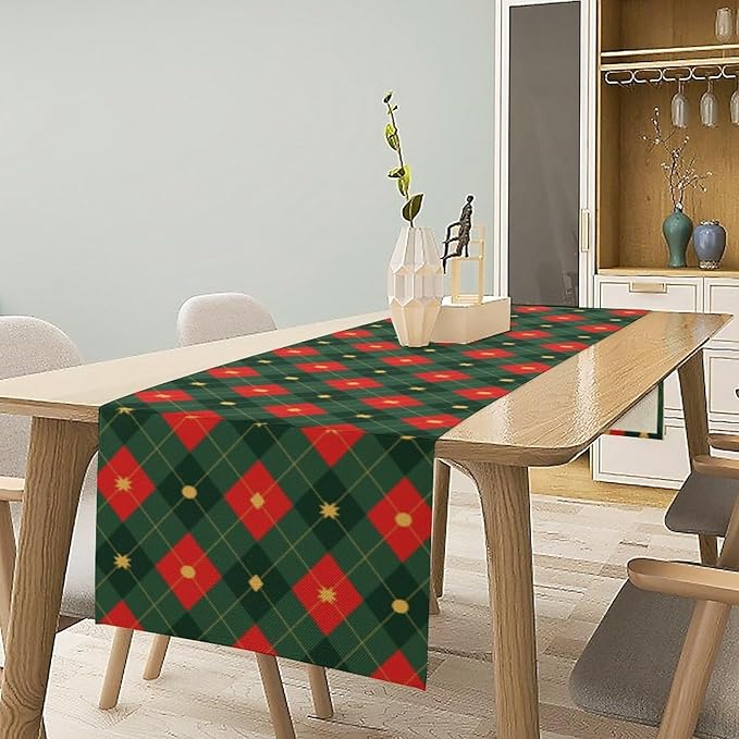 Christmas Table Runner,Green Red Xmas Plaid Table Cloth Kitchen Dining Table Decoration for Home Party Decor 13x90 Inch