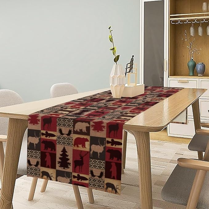 Retro Rustic Bear Table Runner, Wild Bear Cabin Pine Farmhouse Table Runner for Bedroom Kitchen Living Room Vintage Country Style Lodge 13x90 Inch