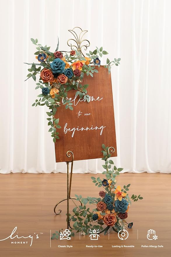 Artificial Floral Swag Pair, Teal and Orange Silk Flowers, Rustic Wedding Decor