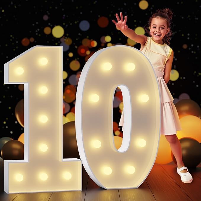 Light Up Number 10 Party Decoration, 3 Ft Freestanding Foam Board Display