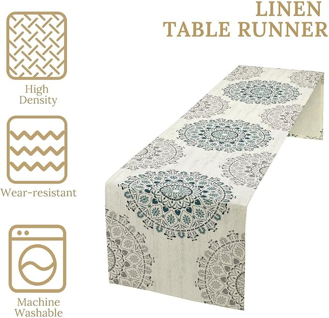 Boho Flower Table Runner, Bohemian Turquoise Mandala White Teal Floral Kitchen Dining Table Runners for Indoor Outdoor Home Party Holiday Decor, 13x108inch