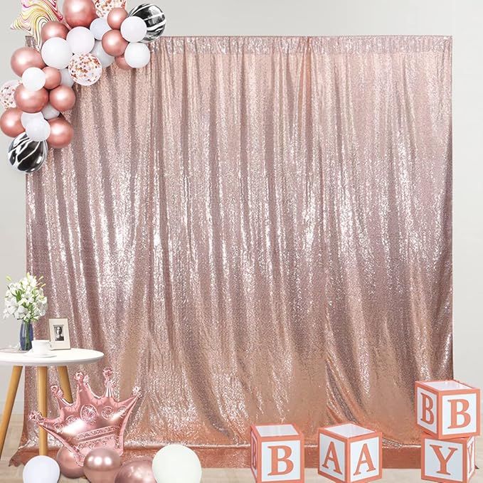 SquarePie Sequin Backdrop Not See Through Thick Stain Background for Photography Glitter Curtain Party 8FT x 8FT Rose Gold