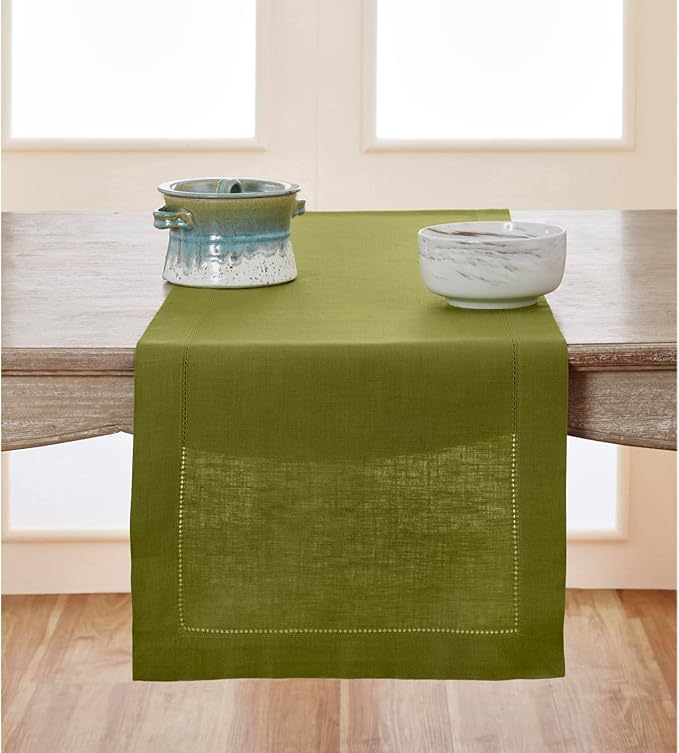 Solino Home Linen Avocado Green Hemstitch Table Runner 48 Inches - 100% Pure Linen Small Table Runner 14 x 48 Inch Ideal for Dresser and Coffee Tables - Classic Hemstitch - Fall, Autumn, Thanksgiving