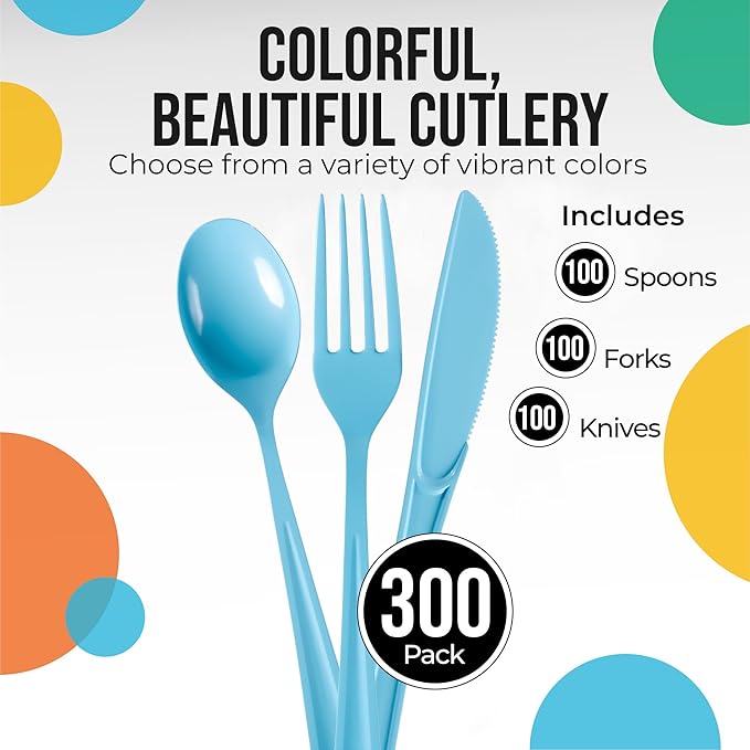 Plastic Spoons, Forks and Knives Set, Light Blue, 300 Pieces