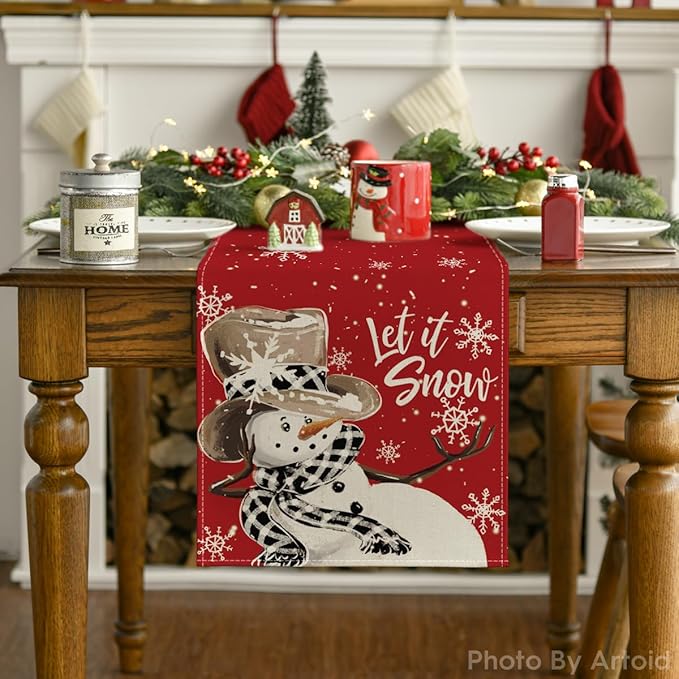 Artoid Mode Red Snowman Snowflake Let it Snow Winter Table Runner, Seasonal Christmas Kitchen Dining Table Decoration for Home Party Decor 13x90 Inch