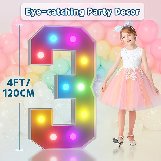 Party Decoration Marquee Light Up Number 3, 4 ft Foam Board