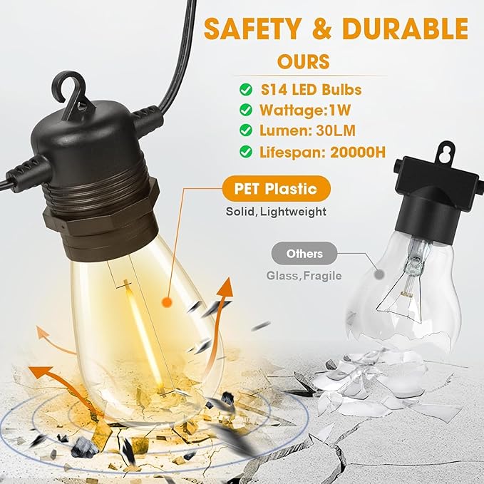 String Lights 25 FT, Warm White 2700K Weatherproof with 9 S14 Bulbs